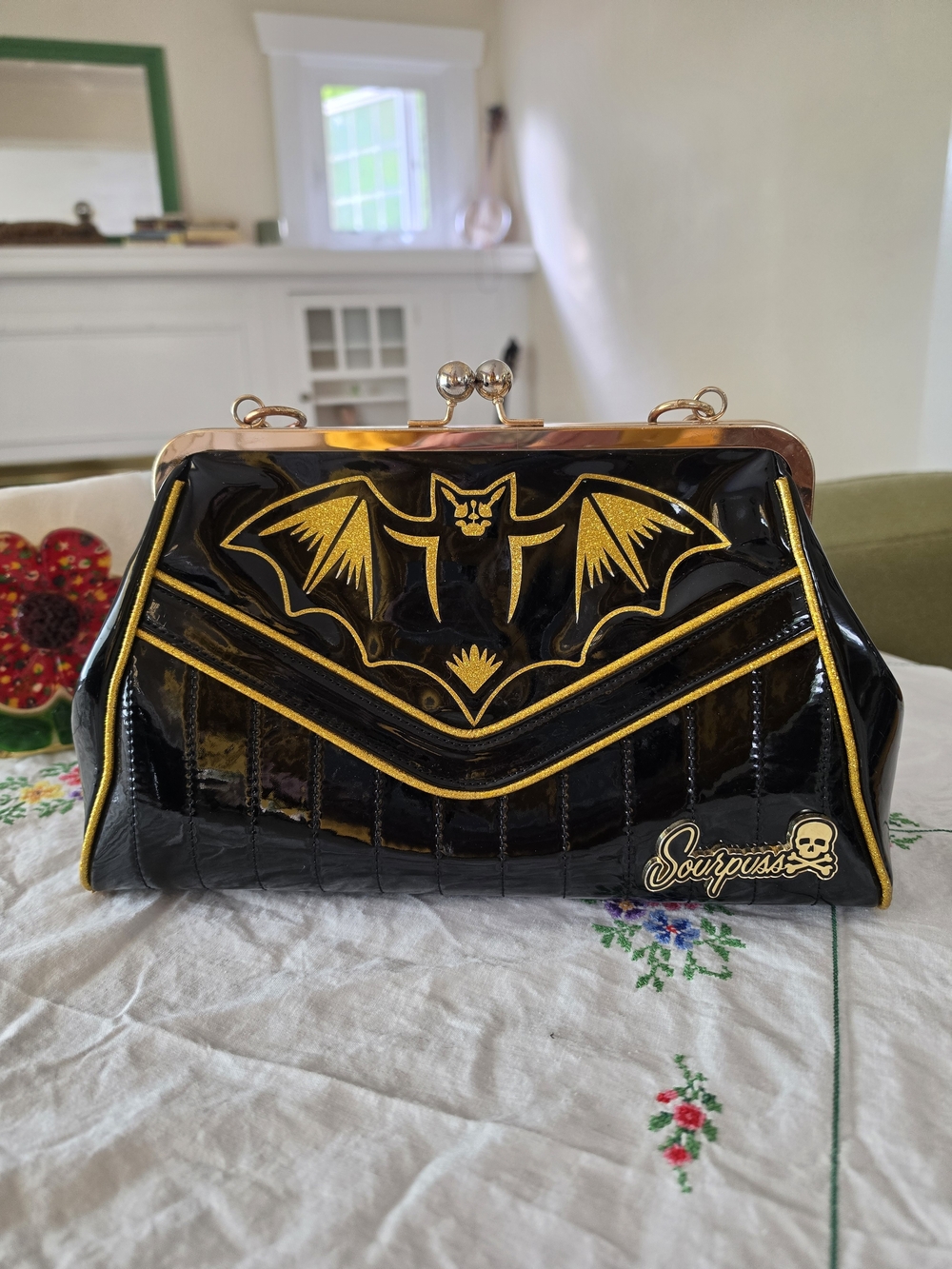 Sourpuss Black & Gold Bat Frame Clutch